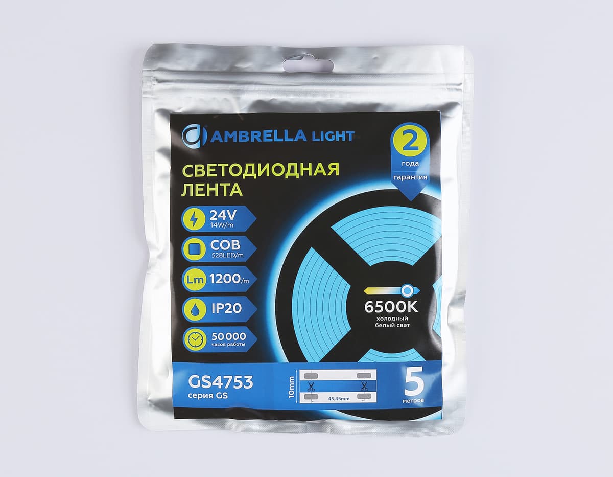 Светодиодная лента Ambrella Light GS4753 COB 528Led/14W m/ 24V IP20 6500K/ 5m*10mm*2mm (2 конт.) GS4753 COB 528Led/14W m/ 24V IP20 6500K/ 5m*10mm*2mm (2 конт.) Ambrella Light 13