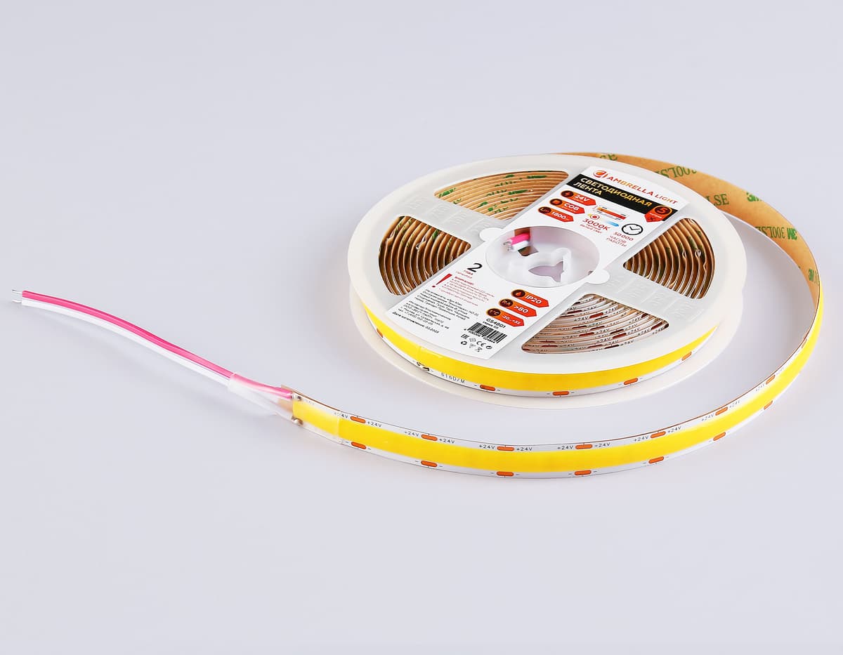 Светодиодная лента Ambrella Light GS4801 COB 616Led/19W m/ 24V IP20 3000K/ 5m*12mm*2mm (2 конт.) GS4801 COB 616Led/19W m/ 24V IP20 3000K/ 5m*12mm*2mm (2 конт.) Ambrella Light 12