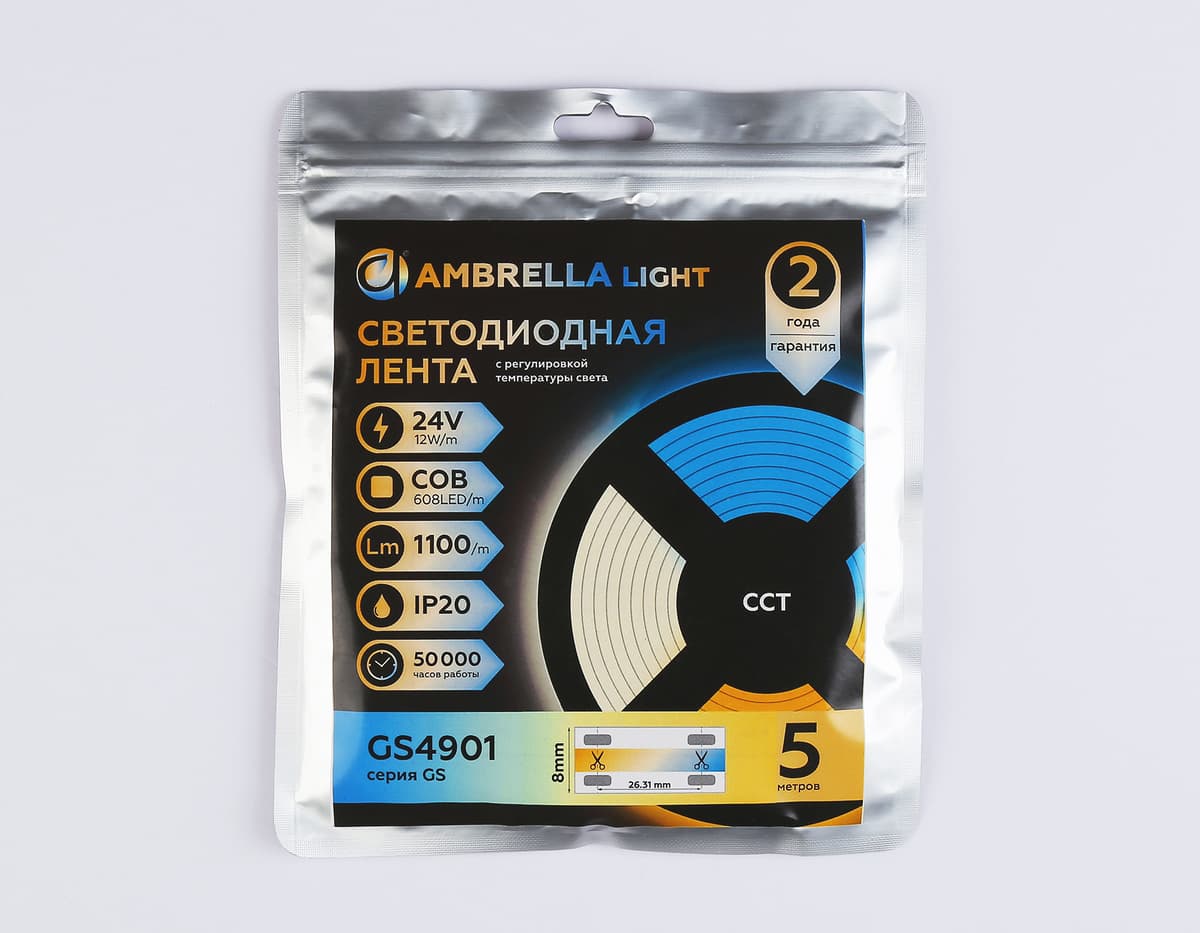 Светодиодная лента Ambrella Light GS4901 COB 608Led/ 12W m/ 24V IP20 CCT 3000-6500K/ 5m*8mm*2.2mm (3 конт.) GS4901 COB 608Led/ 12W m/ 24V IP20 CCT 3000-6500K/ 5m*8mm*2.2mm (3 конт.) Ambrella Light 16