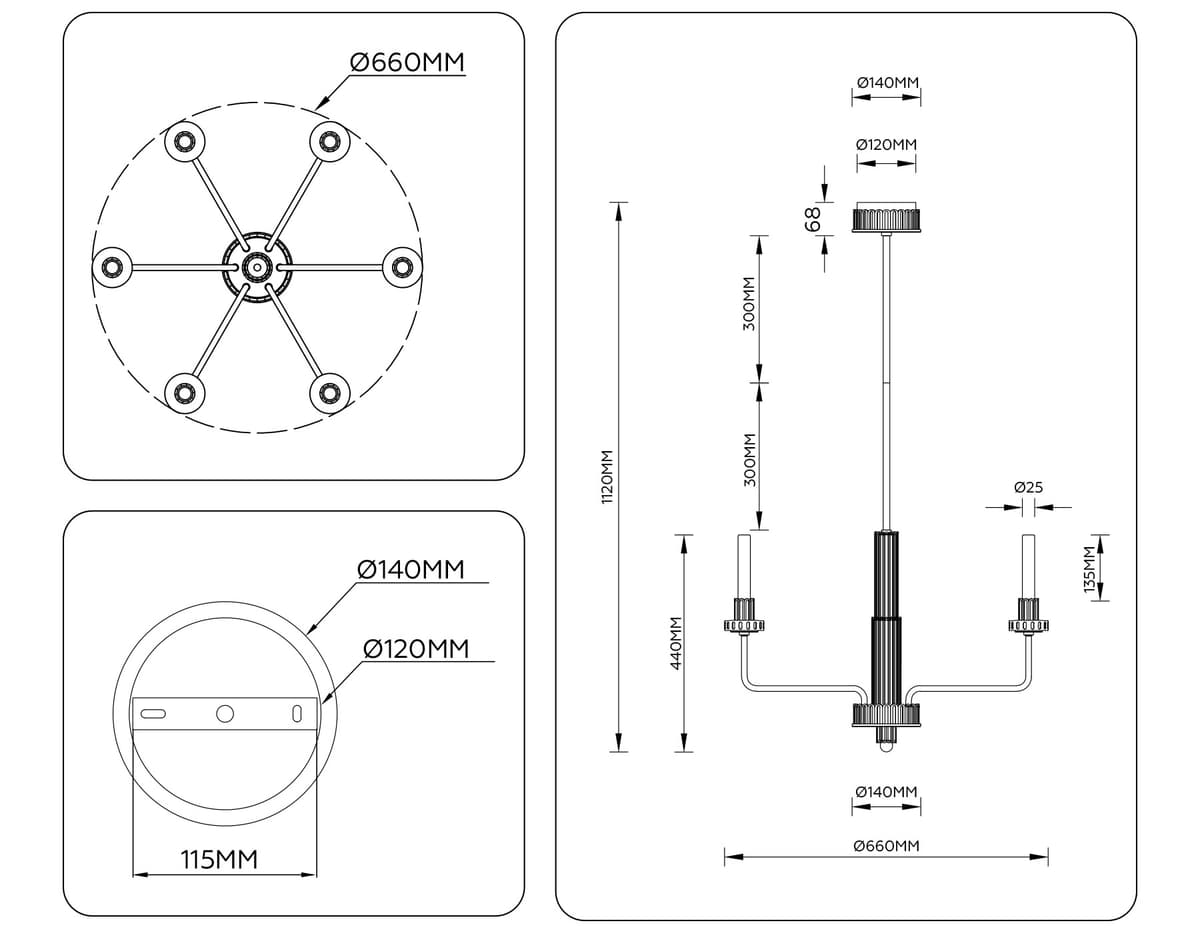 Люстра светодиодная на штанге LH53124/6 GD/WH/GB золото/белый/серо-синий 10W 3000K D660*1120 Ambrella Light 16