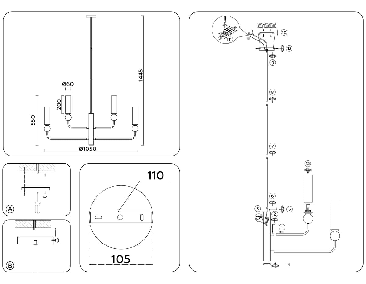 Люстра на штанге с мрамором LH53251/6 BS/FR латунь/белый матовый E14*6 max 40W D1050*1445 Ambrella Light 17