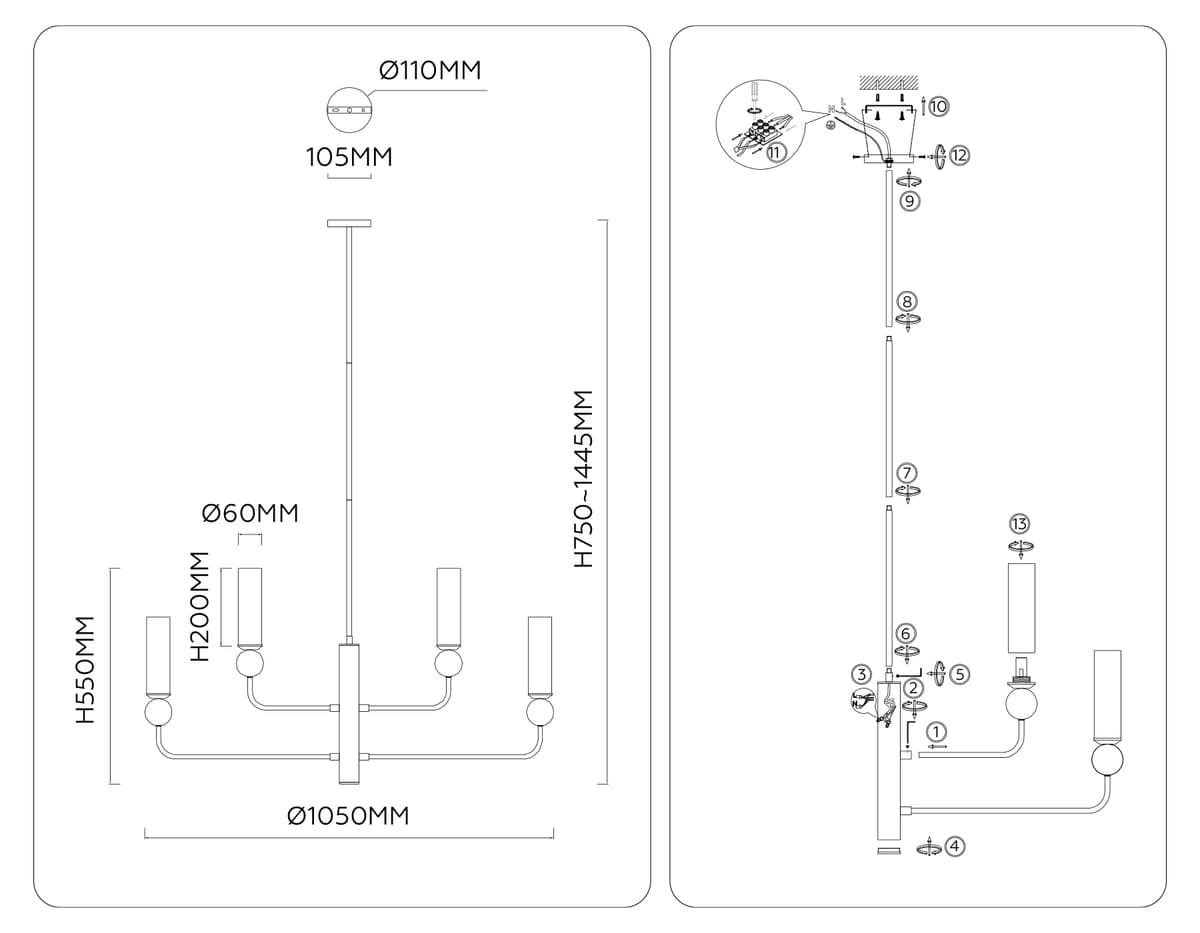 Люстра на штанге с мрамором LH53274/6 BK/WH черный/белый E14*6 max 40W D1050*1445 Ambrella Light 16