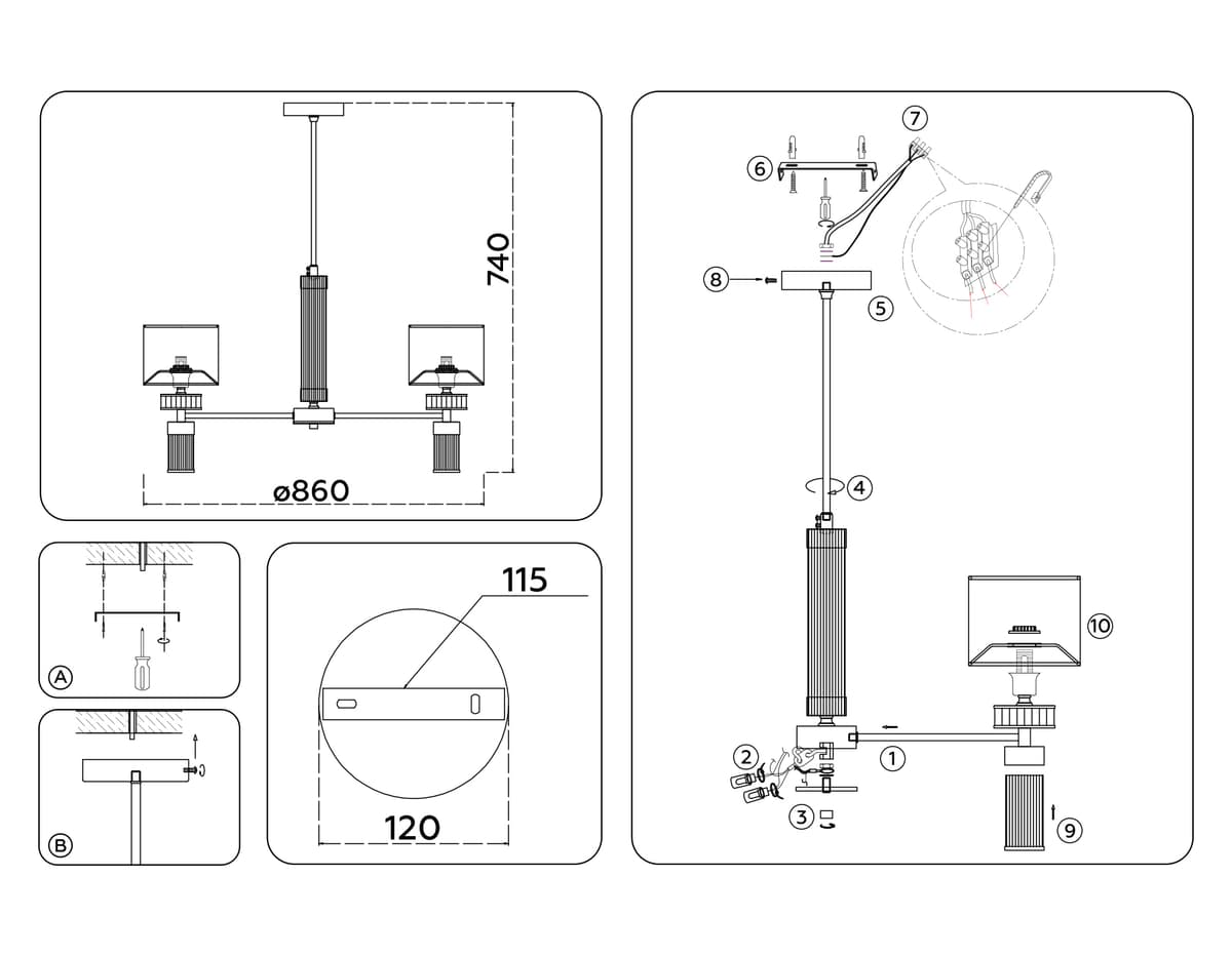 Люстра с абажурами на штанге LH71303/7 CGD/WH золото/белый E14/7 max 40W D860*740 Ambrella Light 12