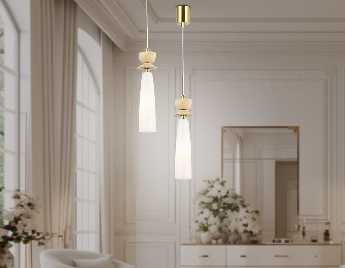 Подвесной светильник с травертином LH75365 GD/WH золото/белый G9 max 28W D70*1490 Ambrella Light 15