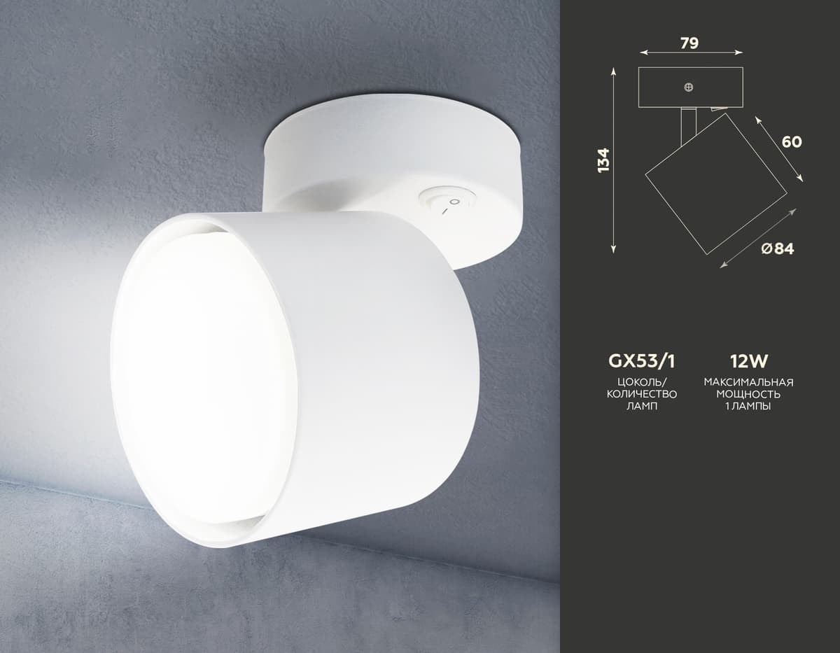Накладной спот с выключателем TA132 WH белый GX53 max 12W D79*134*D84 Ambrella Light 9