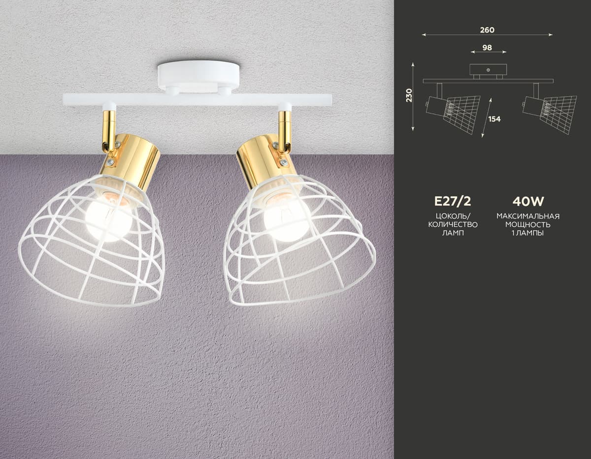 Настенно-потолочный спот в стиле лофт TR8601/2 WH/GD белый/золото E27*2 max 40W 260*154*230 Ambrella Light 6