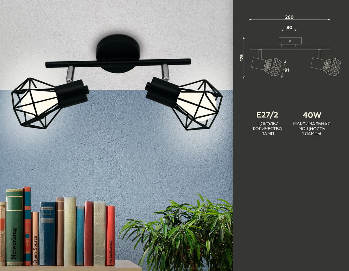 Настенно-потолочный спот в стиле лофт TR8621/2 BK/CH черный/хром E27*2 max 40W 260*91*175 Ambrella Light 6