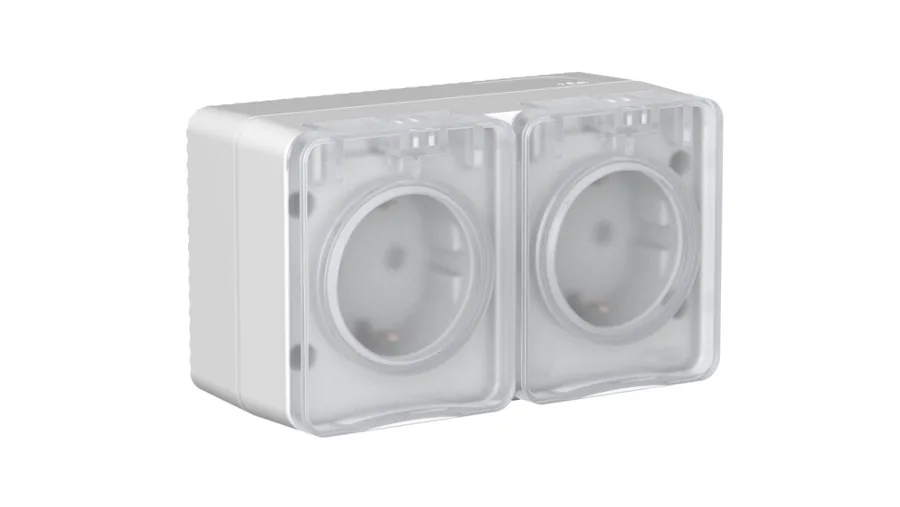 ATLASDESIGN PROFI IP54 О/У РОЗЕТКА двойная с заземлением со шторками, 16А, СЕРЫЙ