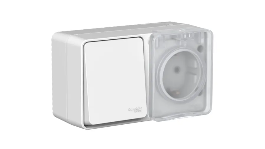 ATLASDESIGN PROFI IP54 О/У БЛОК: РОЗЕТКА с заземл. со шт., 16А + ВЫКЛЮЧАТЕЛЬ 1-клав., 10АХ, СЕРЫЙ