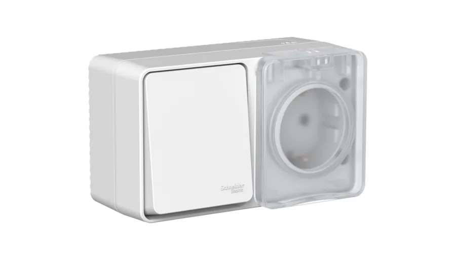 ATLASDESIGN PROFI IP54 О/У БЛОК: РОЗЕТКА с заземл. со шт., 16А + ВЫКЛЮЧАТЕЛЬ 1-клав., 10АХ, СЕРЫЙ