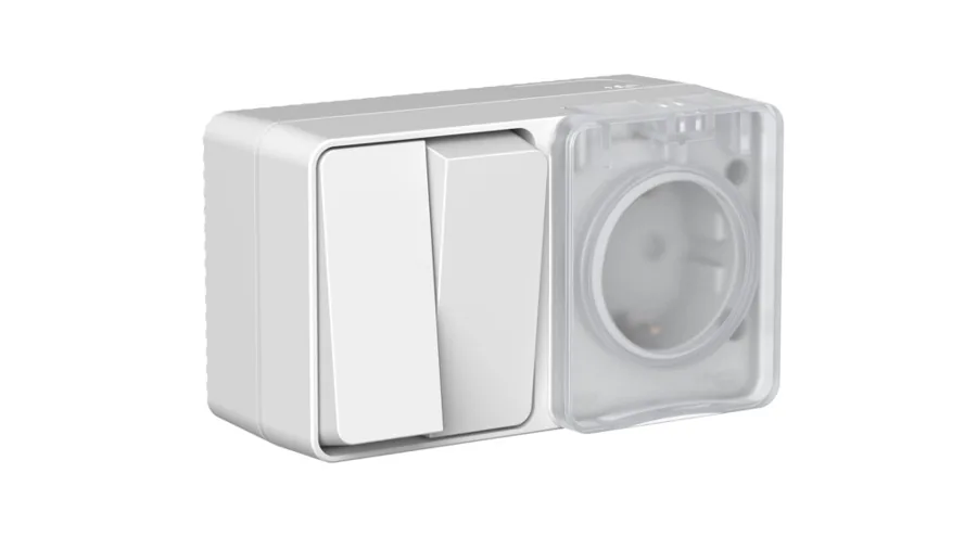 ATLASDESIGN PROFI IP54 О/У БЛОК: РОЗЕТКА с заземл. со шт., 16А + ВЫКЛЮЧАТЕЛЬ 2-клав., 10АХ, СЕРЫЙ