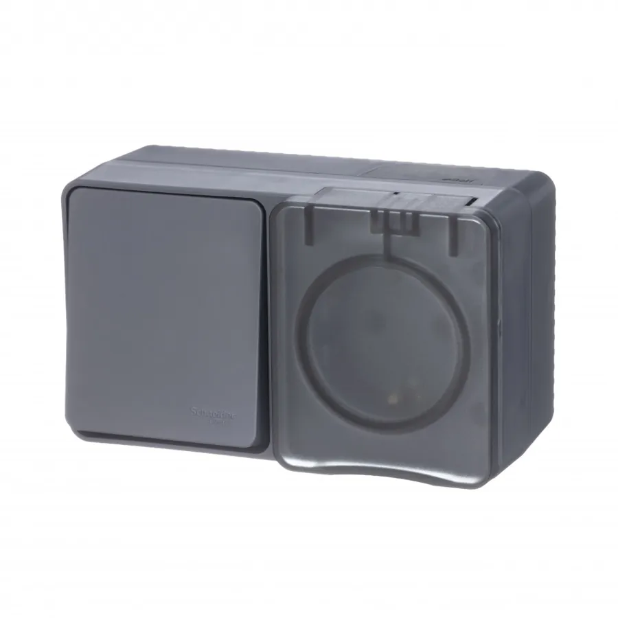 ATLASDESIGN PROFI IP54 О/У БЛОК: РОЗЕТКА с заземл. со шт., 16А + ВЫКЛЮЧАТЕЛЬ 1-клав., 10АХ, АНТРАЦИТ