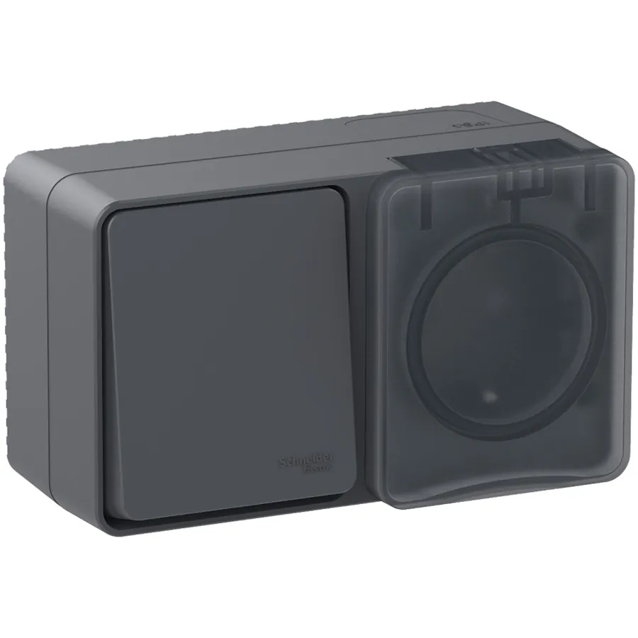 ATLASDESIGN PROFI IP54 О/У БЛОК: РОЗЕТКА с заземл. со шт., 16А + ВЫКЛЮЧАТЕЛЬ 1-клав., 10АХ, АНТРАЦИТ 2