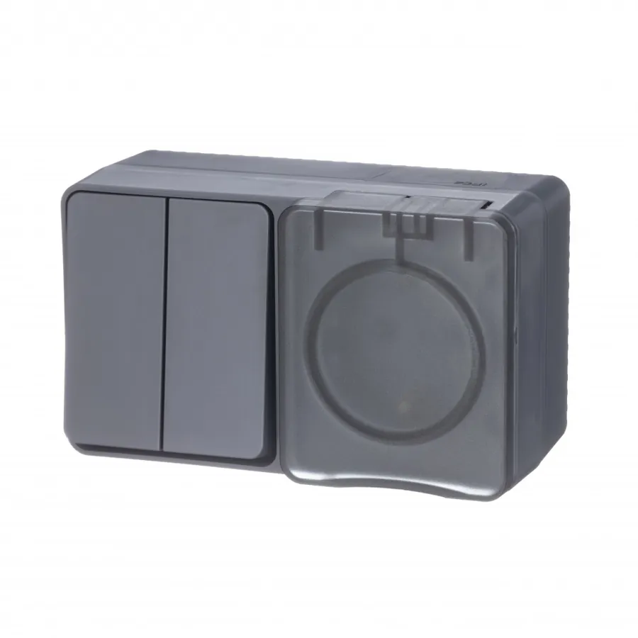 ATLASDESIGN PROFI IP54 О/У БЛОК: РОЗЕТКА с заземл. со шт., 16А + ВЫКЛЮЧАТЕЛЬ 2-клав., 10АХ, АНТРАЦИТ