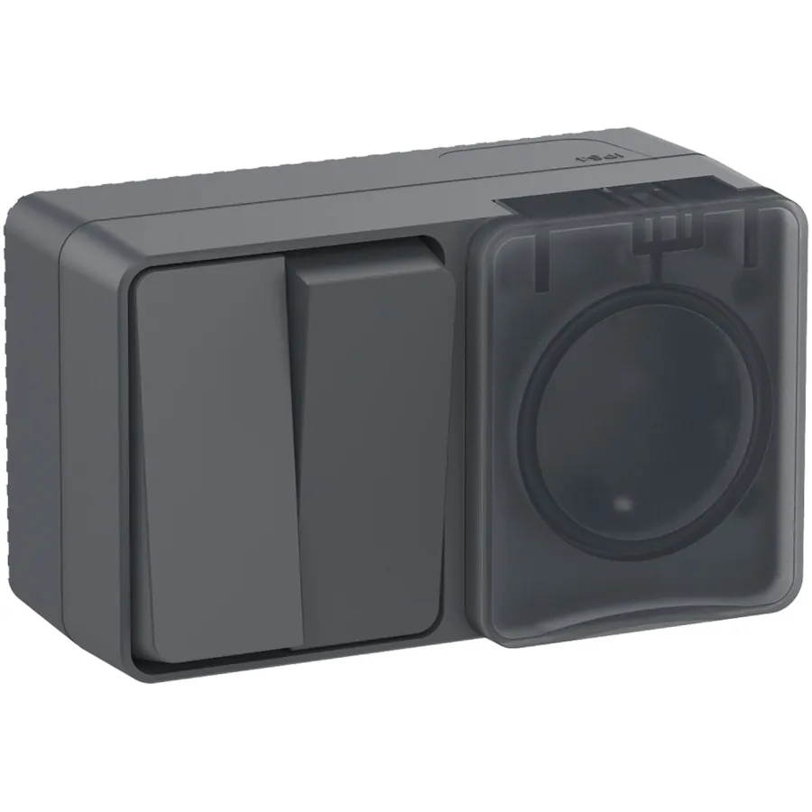 ATLASDESIGN PROFI IP54 О/У БЛОК: РОЗЕТКА с заземл. со шт., 16А + ВЫКЛЮЧАТЕЛЬ 2-клав., 10АХ, АНТРАЦИТ 2