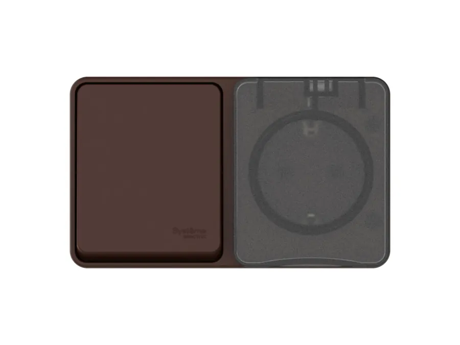 ATLASDESIGN PROFI IP54 О/У БЛОК: РОЗЕТКА с заземл. со шт., 16А + ВЫКЛЮЧАТЕЛЬ 1-клав., 10АХ, КОРИЧНЕВЫЙ