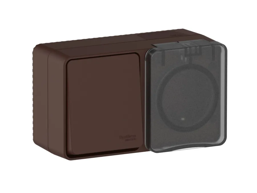 ATLASDESIGN PROFI IP54 О/У БЛОК: РОЗЕТКА с заземл. со шт., 16А + ВЫКЛЮЧАТЕЛЬ 1-клав., 10АХ, КОРИЧНЕВЫЙ 2