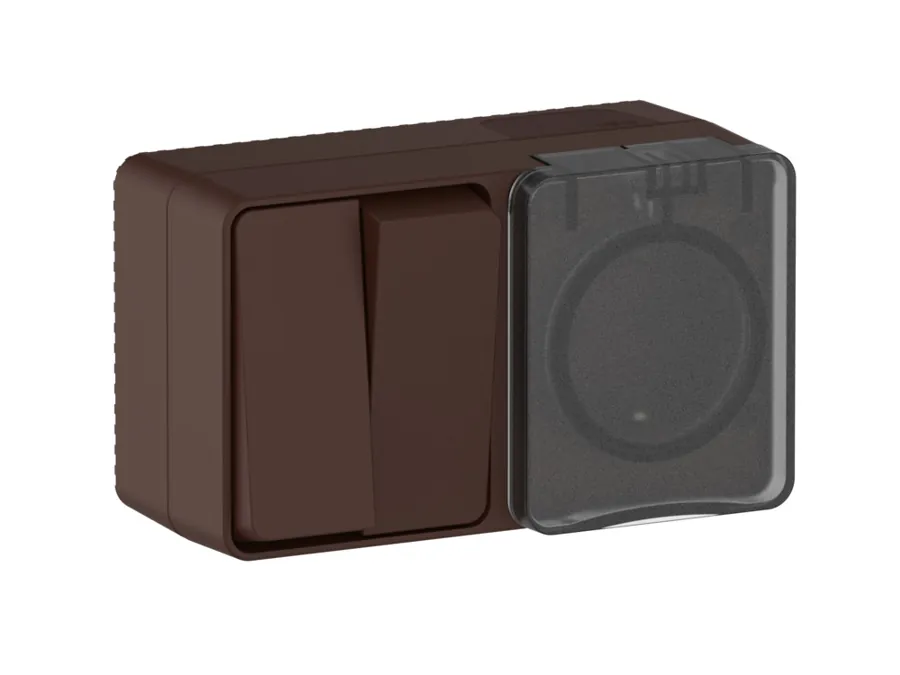 ATLASDESIGN PROFI IP54 О/У БЛОК: РОЗЕТКА с заземл. со шт., 16А + ВЫКЛЮЧАТЕЛЬ 2-клав., 10АХ, КОРИЧНЕВЫЙ