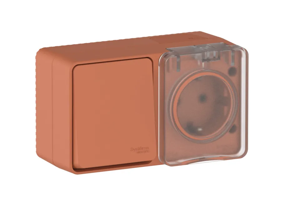 ATLASDESIGN PROFI IP54 О/У БЛОК: РОЗЕТКА с заземл. со шт., 16А + ВЫКЛЮЧАТЕЛЬ 1-клав., 10АХ, ТЕРРАКОТОВЫЙ