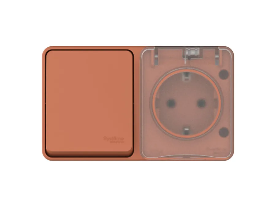 ATLASDESIGN PROFI IP54 О/У БЛОК: РОЗЕТКА с заземл. со шт., 16А + ВЫКЛЮЧАТЕЛЬ 1-клав., 10АХ, ТЕРРАКОТОВЫЙ 2
