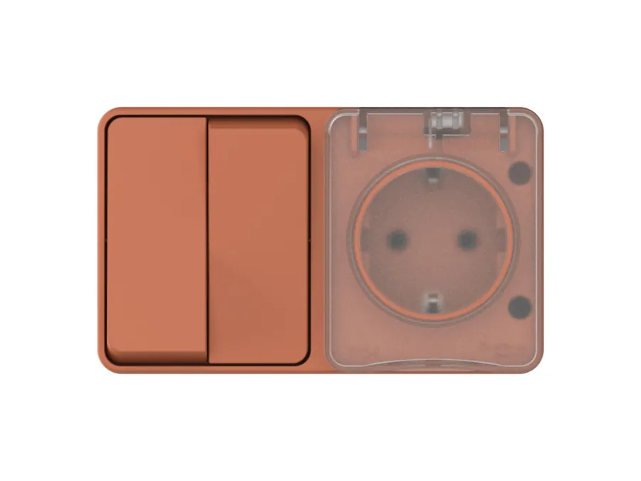 ATLASDESIGN PROFI IP54 О/У БЛОК: РОЗЕТКА с заземл. со шт., 16А + ВЫКЛЮЧАТЕЛЬ 2-клав., 10АХ, ТЕРРАКОТОВЫЙ