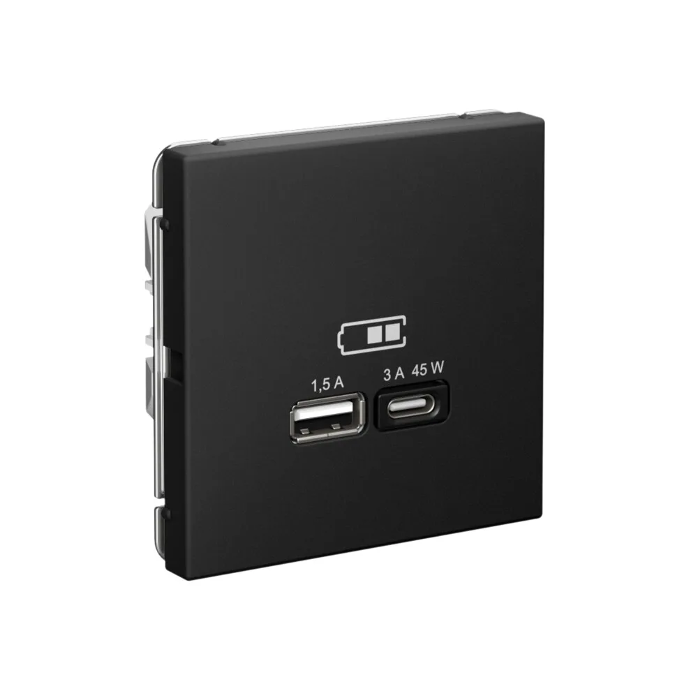 ArtGallery USB РОЗЕТКА A + тип-C 45Вт высокоскор.заряд. QC, PD, механизм, ЧЕРНЫЙ ШЕЛК