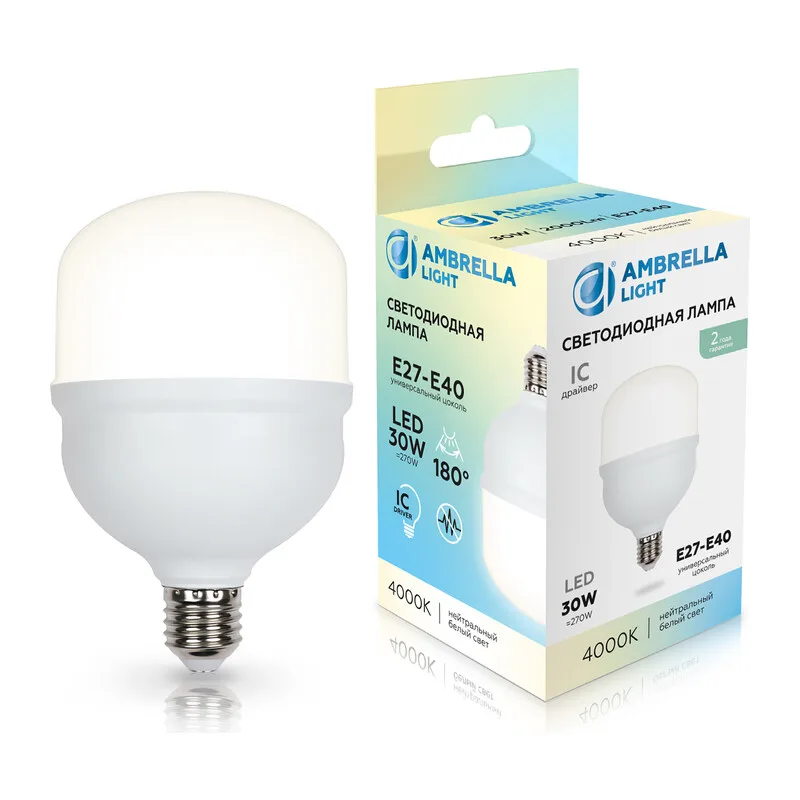 Светодиодная лампа высокомощная T100 E27-E40 30Вт 4000K 180° 1003004 LED T100 30W IC E27-E40 4000K 175-265V Ambrella Light
