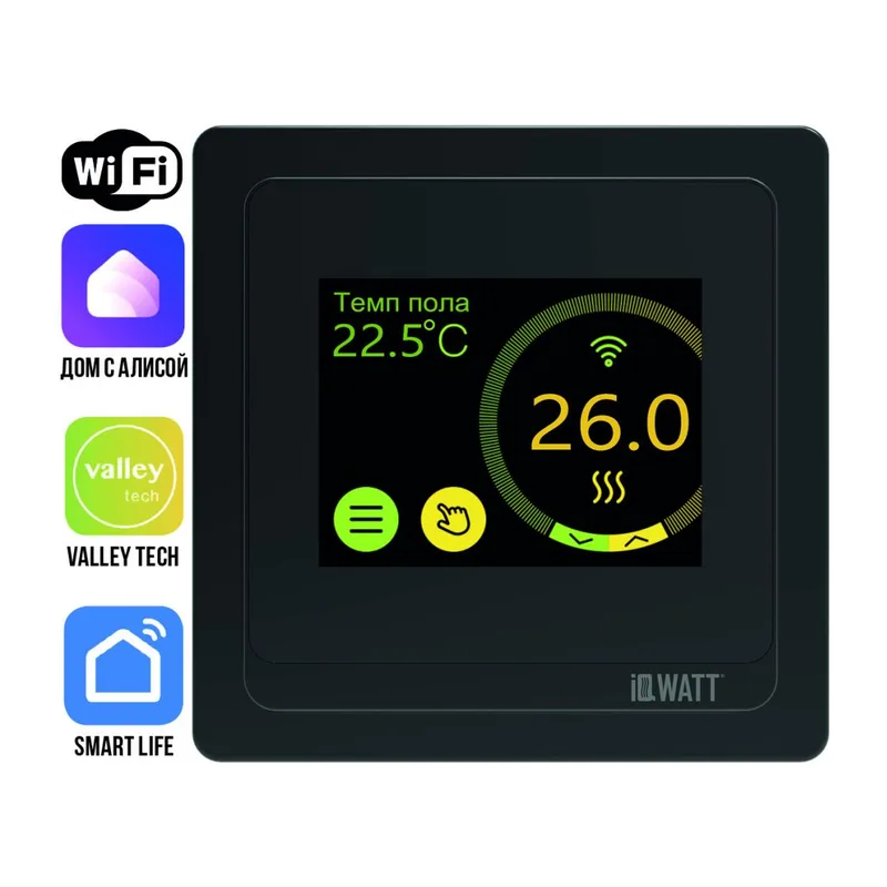 Программируемый терморегулятор с цветным сенсорным TFT дисплеем SMART HEAT Wi-Fi BLACK и голосовым управлением Алиса