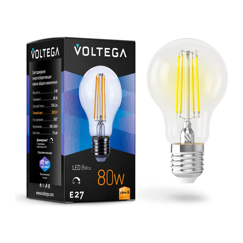 Светодиодная лампа филамент A60 8Вт 2800K E27 360° диммируемая Voltega 5489