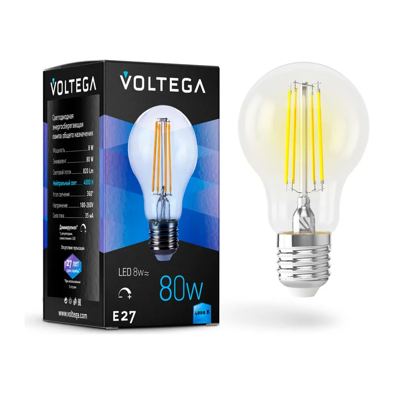 Светодиодная лампа филамент A60 8Вт 4000K E27 360° диммируемая Voltega 5490