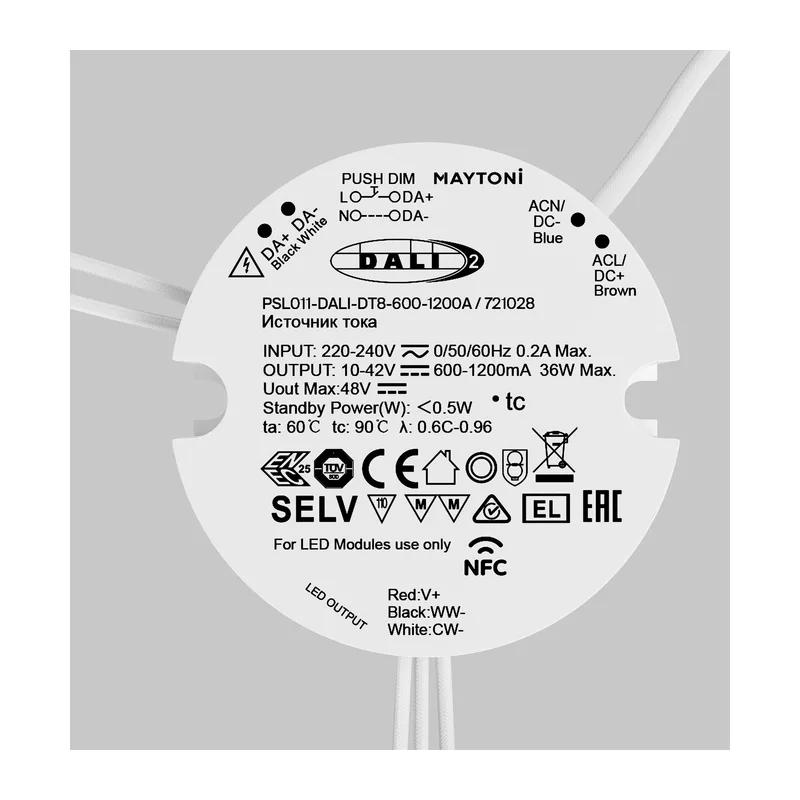 Источник тока DALI NFC DT8 36Вт 600-1200А Maytoni 721028 2
