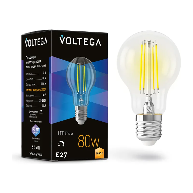 Светодиодная лампа филамент A60 8Вт 3000K E27 340° диммируемая Voltega 7229