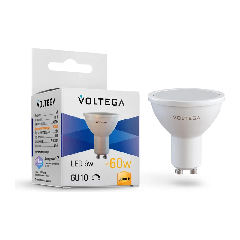 Светодиодная лампа MR16 6Вт 3000K GU10 100° диммируемая Voltega 7239