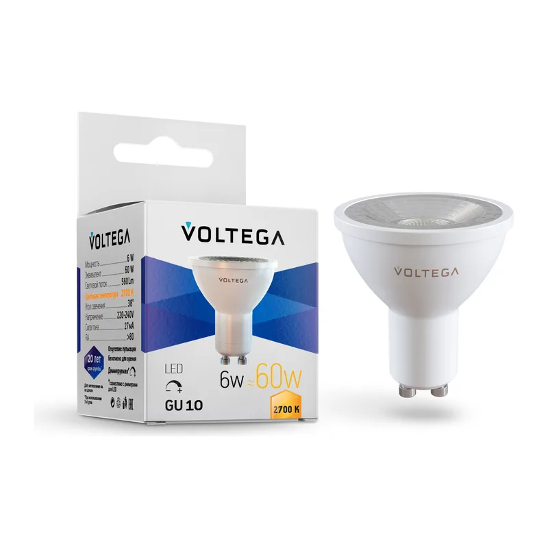 Светодиодная лампа MR16 6Вт 2700K GU10 38° диммируемая Voltega 7250