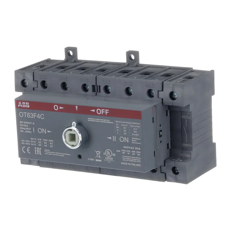 ABB Реверсивный рубильник OT63F4C до 63A 4х полюсный для установки на DIN-рейку или плату (без ручки) 3