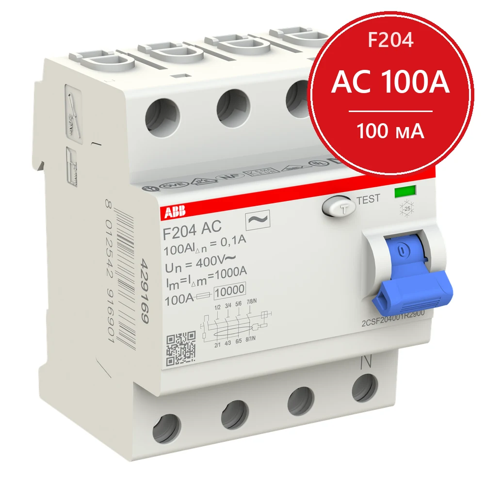 ABB Выключатель дифференциального тока (УЗО) F204 AC-100/0.1 4п 100А 100мА тип AC