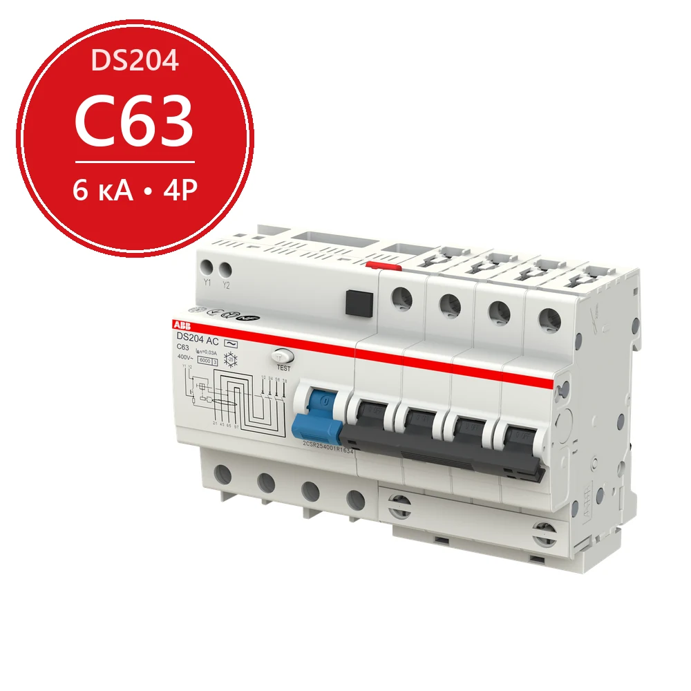 ABB DS204 C63 Диффавтомат 4P 63А 30mA 6kA (C) тип AC