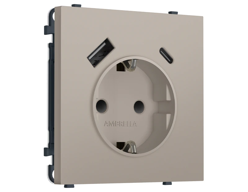 Комплект механизма электрической розетки SIGMA Серо-бежевый матовый 2USB A+C 20W (быст. зар.) с/з с/ш 16A-250V QUANT PRO (SP3700, PR160)