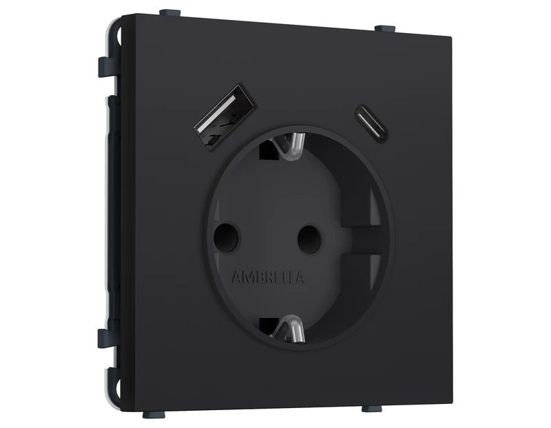 Комплект механизма электрической розетки SIGMA Черный Мягкое касание 2USB A+C 20W (быст. зар.) с/з с/ш 16A-250V QUANT PRO (SP9900, PR160)