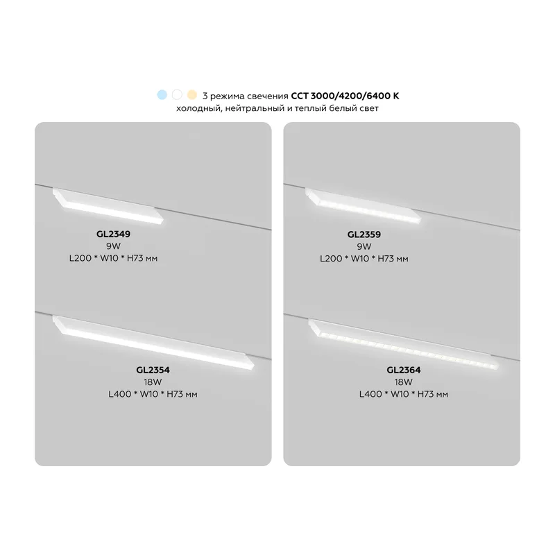 Трековый линейный светильник DIP-3CCT 3000-6000K 20Вт 38° GL2364 WH белый IP20 20Вт 3CCT 3000-6000K 48В 38° 400*10*73 Ambrella Light 7