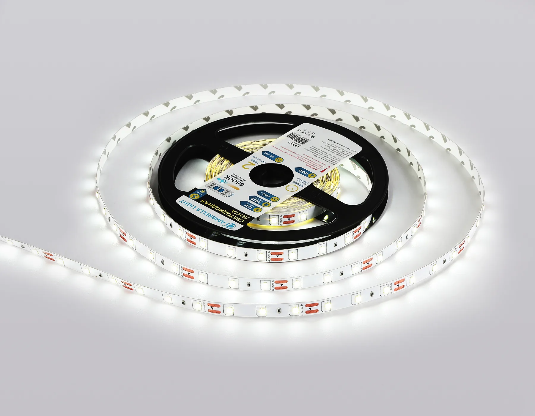 Светодиодная лента 12В 2835 60Led 4.8Вт/м 6500K IP20 5м GS1003 2835 60Led/ 4.8W m/ 12V IP20 6500K/ 5000*8*1.2mm (2 конт.) Ambrella Light 12