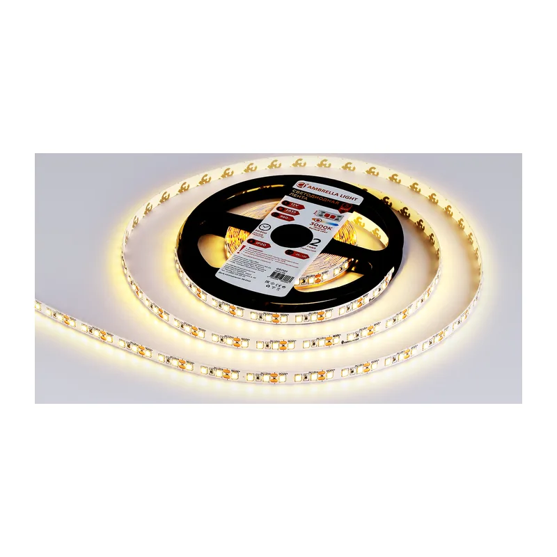 Светодиодная лента 12В 2835 120Led 9.6Вт/м 3000K IP20 5м GS1101 2835 120Led/ 9.6W m/ 12V IP20 3000K/ 5000*8*1.2mm (2 конт.) Ambrella Light 10