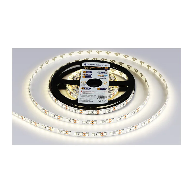 Светодиодная лента 12В 2835 120Led 9.6Вт/м 4500K IP20 5м GS1102 2835 120Led/ 9.6W m/ 12V IP20 4500K/ 5000*8*1.2mm (2 конт.) Ambrella Light 10