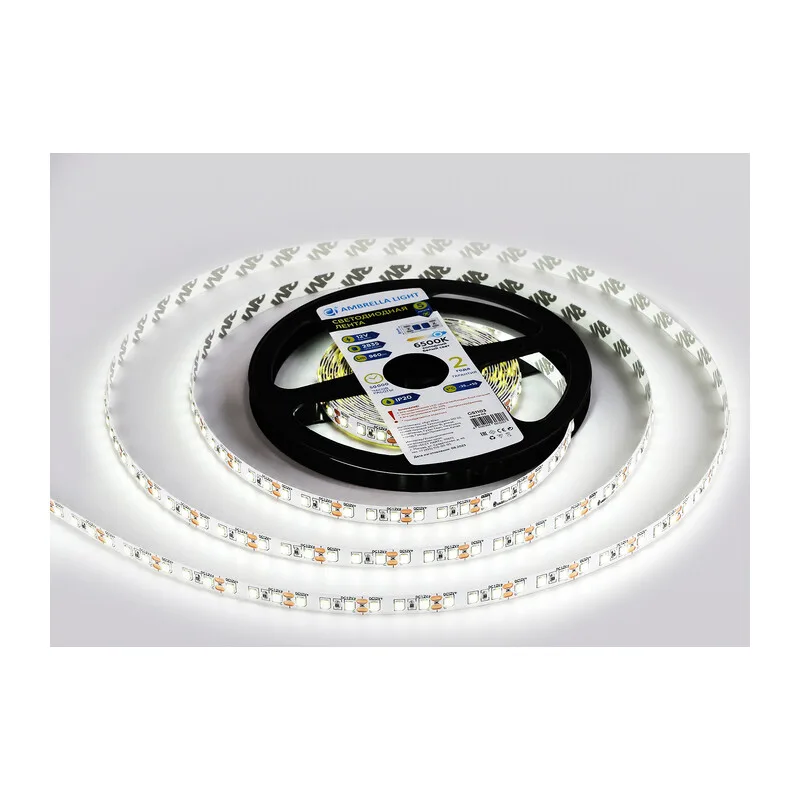 Светодиодная лента 12В 2835 120Led 9.6Вт/м 6500K IP20 5м GS1103 2835 120Led/ 9.6W m/ 12V IP20 6500K/ 5000*8*1.2mm (2 конт.) Ambrella Light 10