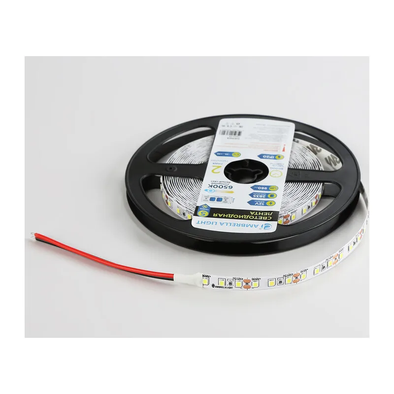 Светодиодная лента 12В 2835 120Led 9.6Вт/м 6500K IP20 5м GS1103 2835 120Led/ 9.6W m/ 12V IP20 6500K/ 5000*8*1.2mm (2 конт.) Ambrella Light 12