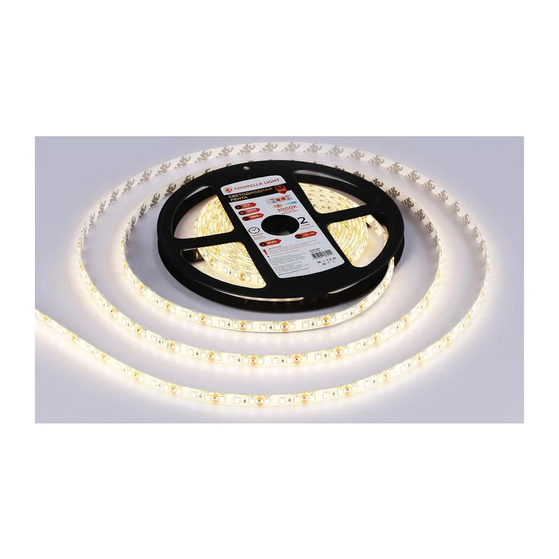 Светодиодная лента 12В 2835 120Led 9.6Вт/м 3000K IP65 5м GS1201 2835 120Led/ 9.6W m/ 12V IP65 3000K/ 5000*8*2.27mm (2 конт.) Ambrella Light 10