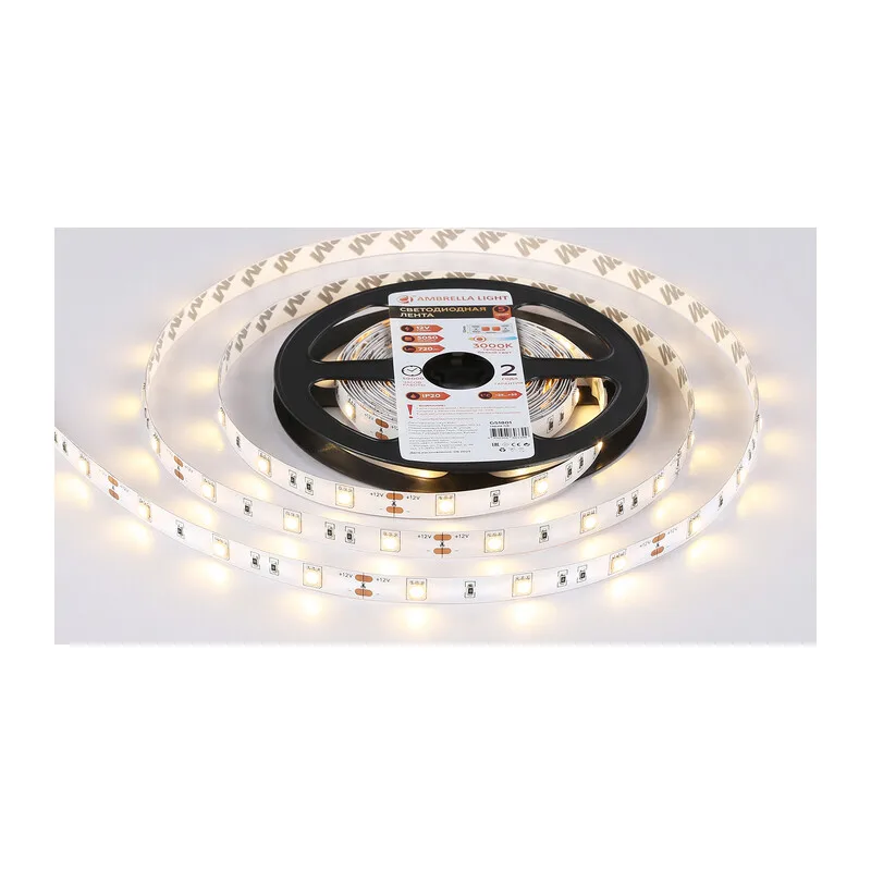 Светодиодная лента 12В 5050 30Led 7.2Вт/м 3000K IP20 5м GS1801 5050 30Led/ 7.2W m/ 12V IP20 3000K/ 5000*10*1.87mm (2 конт.) Ambrella Light 10