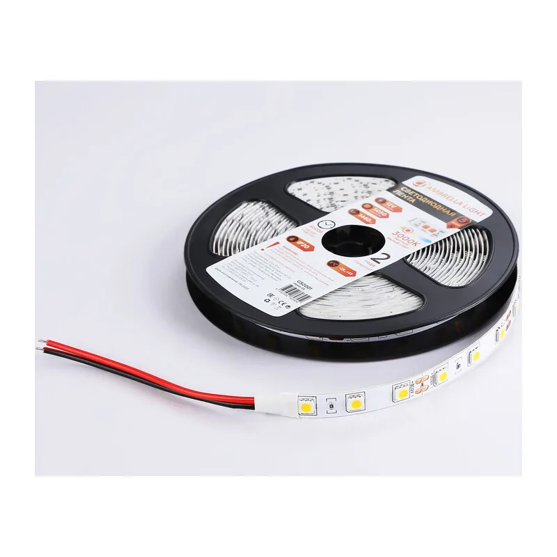 Светодиодная лента 12В 5050 60Led 14.4Вт/м 3000K IP20 5м GS2001 5050 60Led/ 14.4W m/ 12V IP20 3000K/ 5000*10*1.87mm (2 конт.) Ambrella Light 9