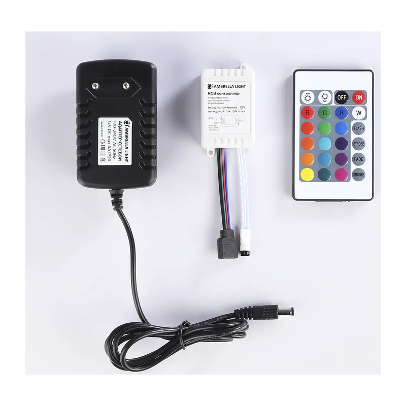Комплект светодиодной ленты 12В 5050 30Led 7.2Вт/м Цветная RGB IP65 5м GS2501 5050 30Led/ 7.2W m/ 12V IP65 RGB/ 5000*10*2.87mm (4 конт.) комплект Ambrella Light 10