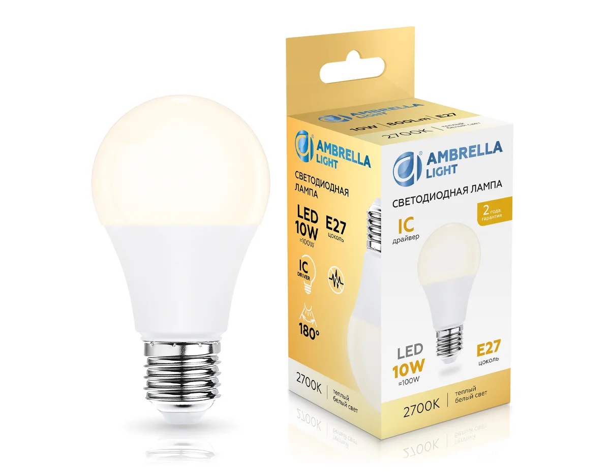 Светодиодная лампа груша A60 E27 10Вт 2700K 160° 601003 LED A60 10W IC E27 2700K 175-265V Ambrella Light